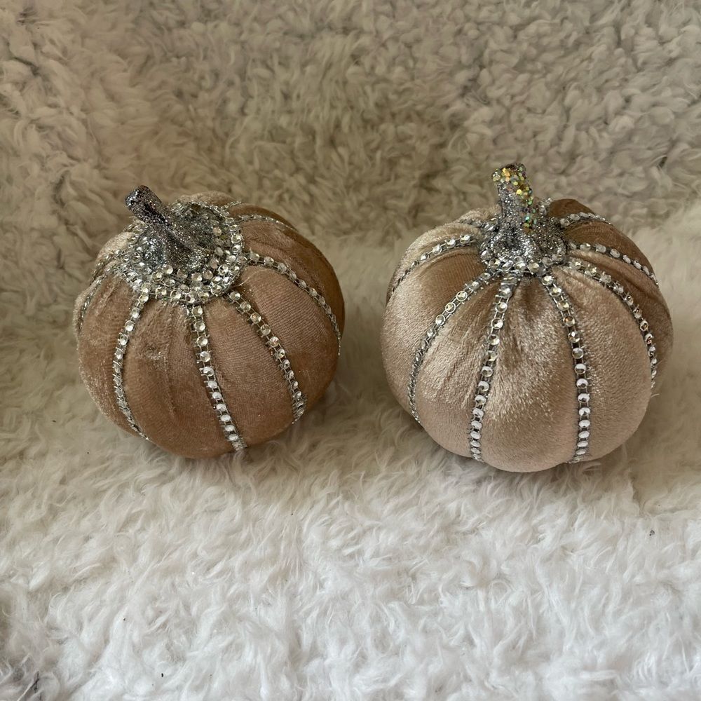 Pair of styrofoam pumpkins cover with offwhite velvet gold rhinestones &…